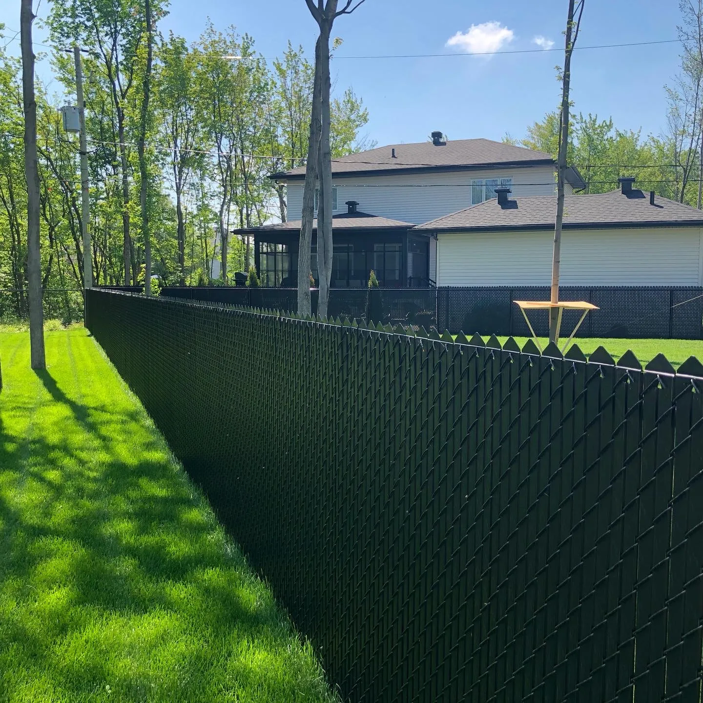 Clôture en mailles de chaînes avec lattes d'intimité